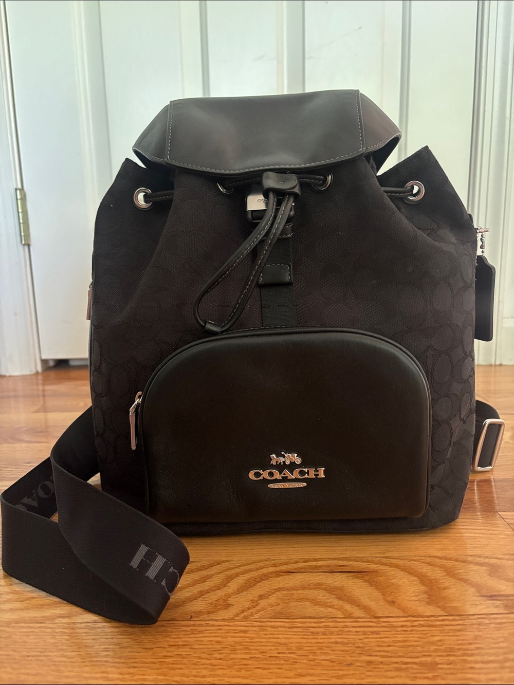 Coach Black Signature Drawstring Backpack with Front Zip Pocket